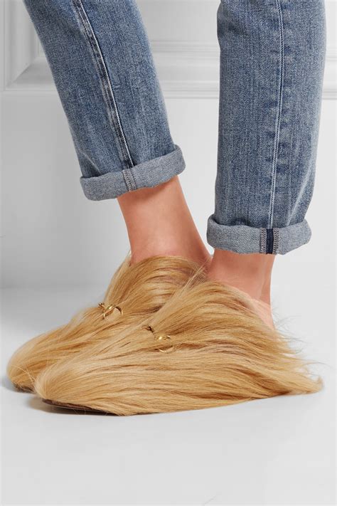 gucci detailed goat hair slippers|gucci goat slippers.